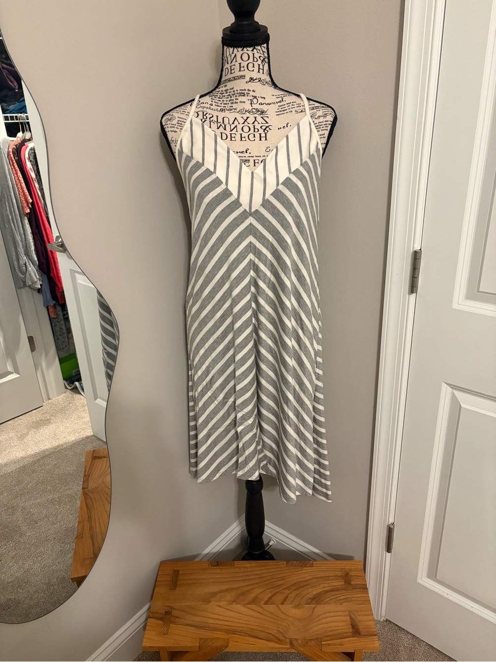 Laila Jayde Gray & White Striped V-Neck Spaghetti Strap Mini Dress